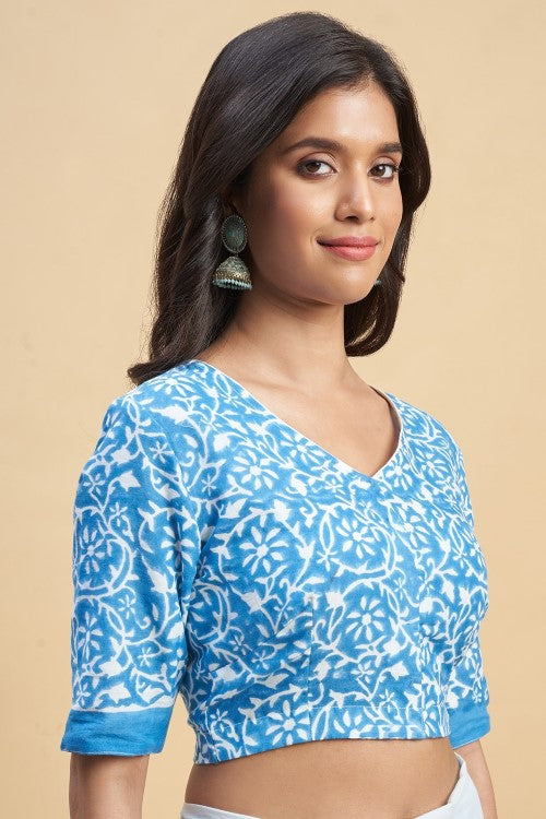Sooti Syahi "Crape Myrtle Blue" Handblock Print Mul Cotton Saree