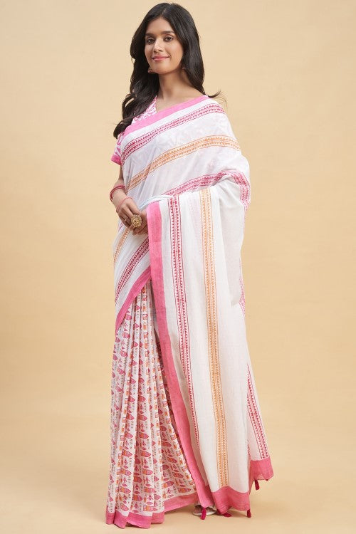 Sooti Syahi California Pink Handblock Print Cotton Saree Online