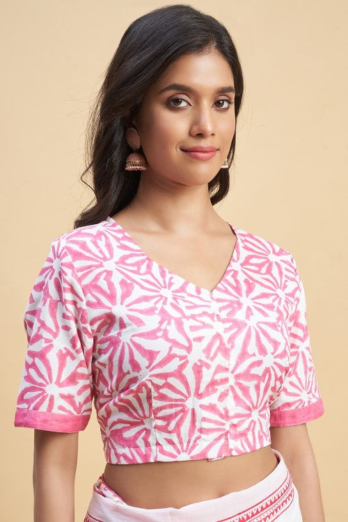 Sooti Syahi " California Pink" Block Printed Cotton Saree