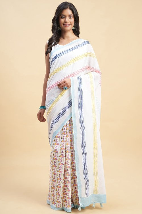 Sooti Syahi California Orange Block Print Cotton Saree Online