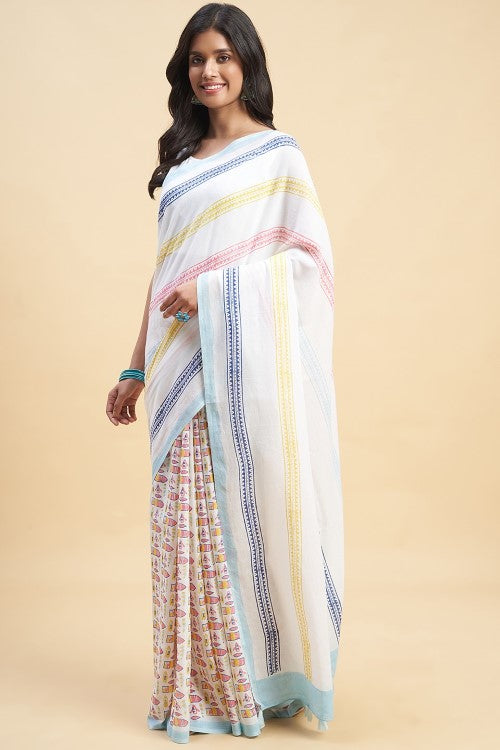 Sooti Syahi California Orange Block Print Cotton Saree Online