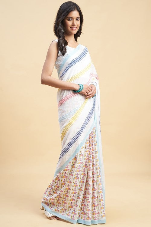 Sooti Syahi "California Orange" Handblock Print Mul Cotton Saree