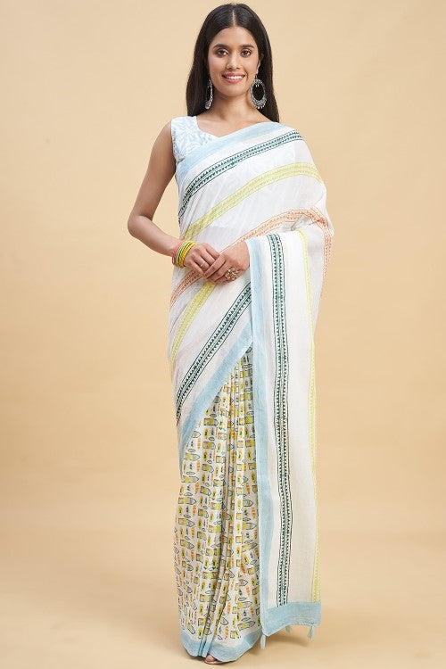 Sooti Syahi California Sky Blue Block Print Cotton Saree Online