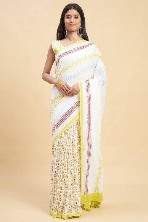 Sooti Syahi California Yellow Block Print Cotton Saree Online