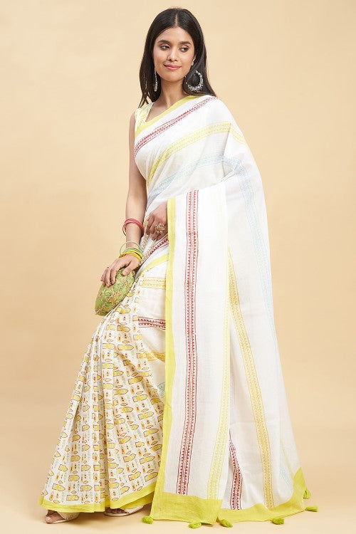Sooti Syahi "California Yellow" Handblock Print Mul Cotton Saree