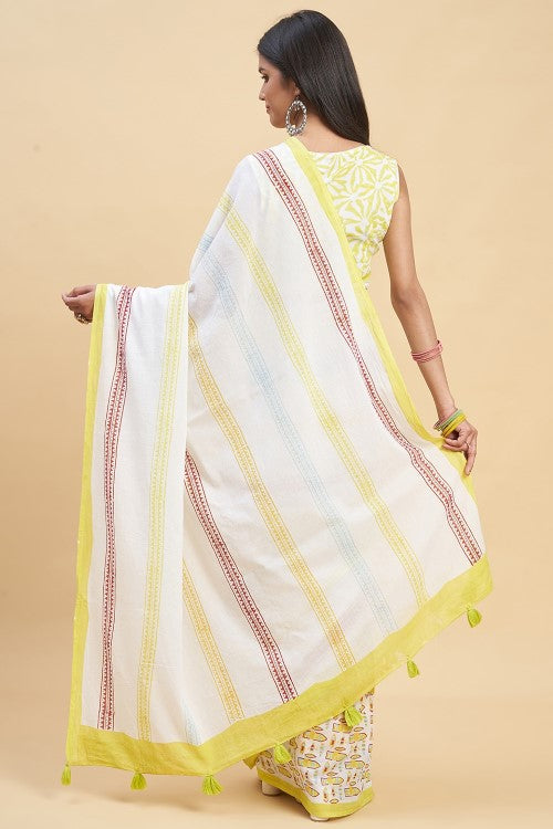 Sooti Syahi "California Yellow" Handblock Print Mul Cotton Saree