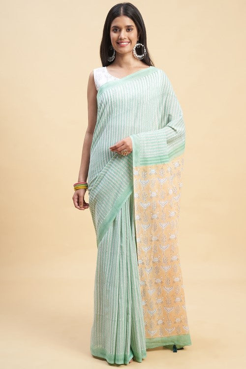 Sooti Syahi King Crab Greeny Block Print Cotton Saree Online