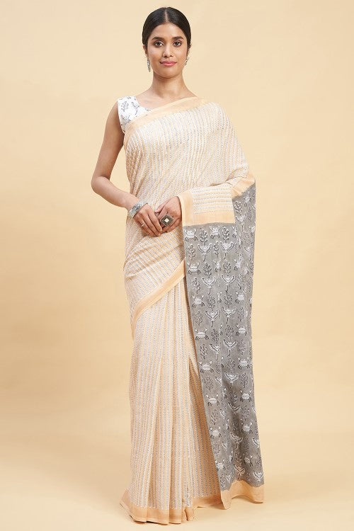 Sooti Syahi "King Crabs Gray" Handblock Print Mul Cotton Saree