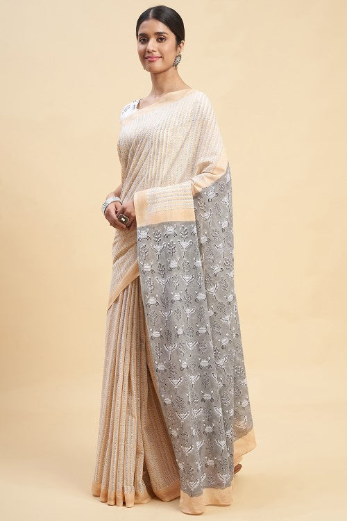 Sooti Syahi "King Crabs Gray" Handblock Print Mul Cotton Saree