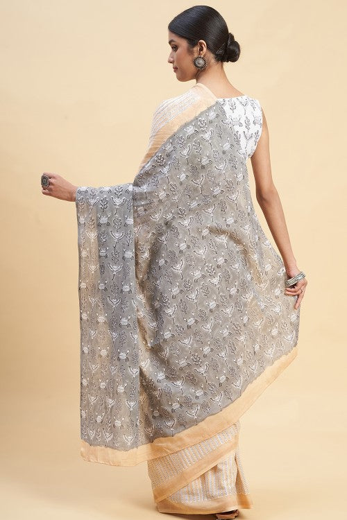 Sooti Syahi "King Crabs Gray" Handblock Print Mul Cotton Saree