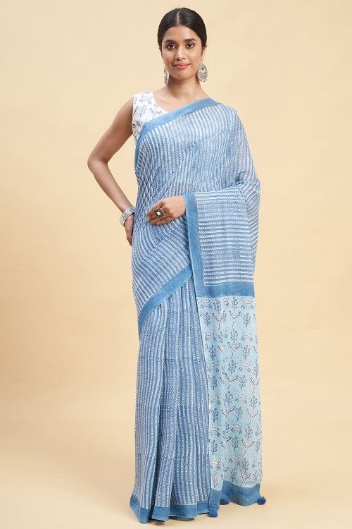 Sooti Syahi "Blue Crabs" Handblock Print Mul Cotton Saree