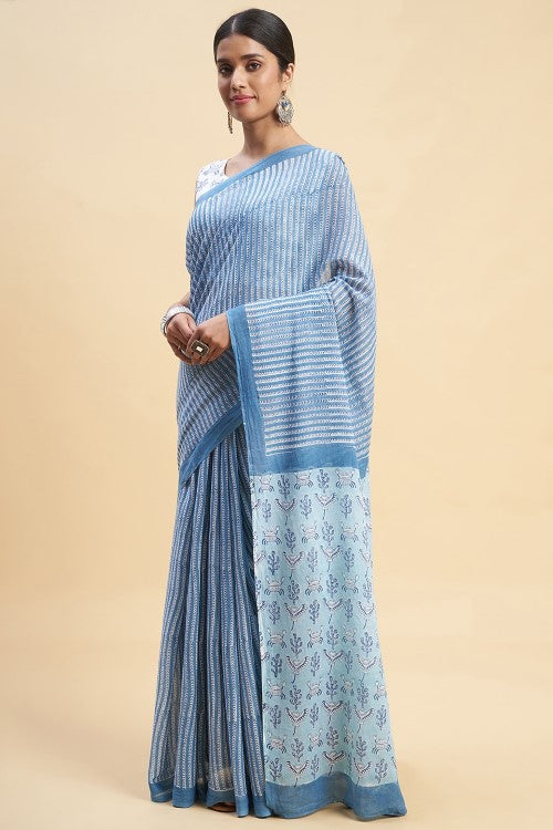 Sooti Syahi Blue Crabs Handblock Print Cotton Saree Online