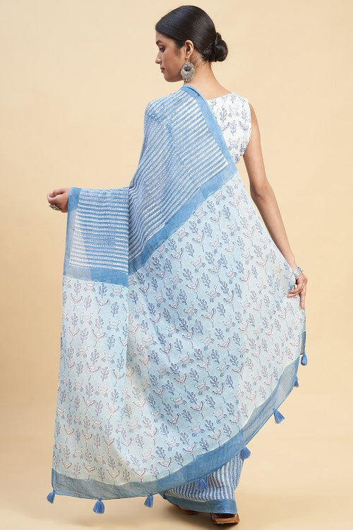 Sooti Syahi "Blue Crabs" Handblock Print Mul Cotton Saree