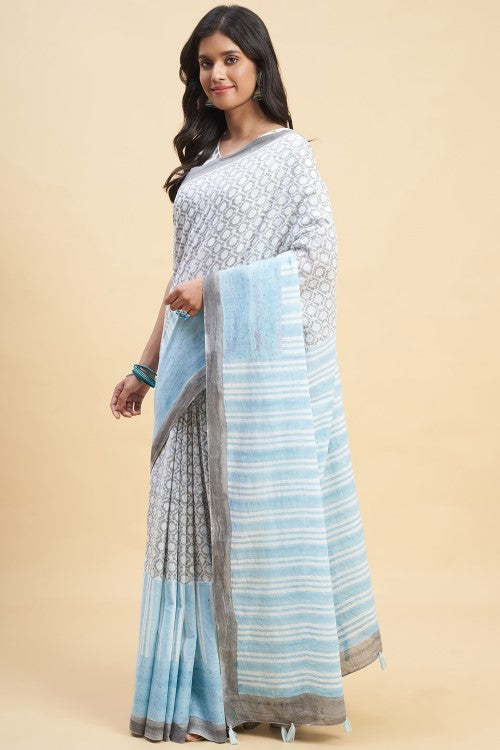 Sooti Syahi "Paradise Sky Blue" Handblock Print Mul Cotton Saree