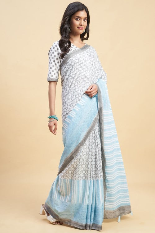 Sooti Syahi Paradise Sky Blue Print Cotton Saree Online