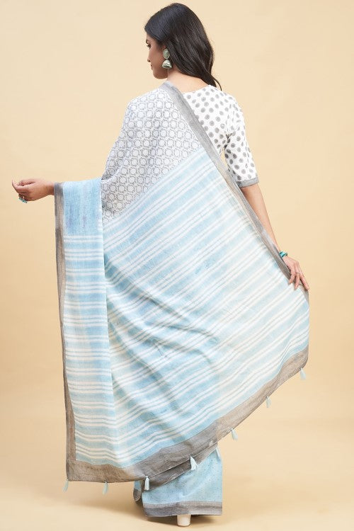 Sooti Syahi "Paradise Sky Blue" Handblock Print Mul Cotton Saree