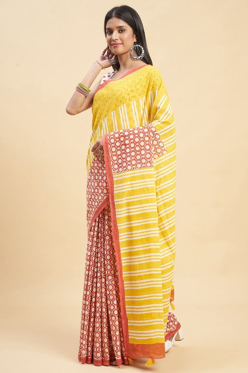 Sooti Syahi Paradise Yellow Print Cotton Saree Online