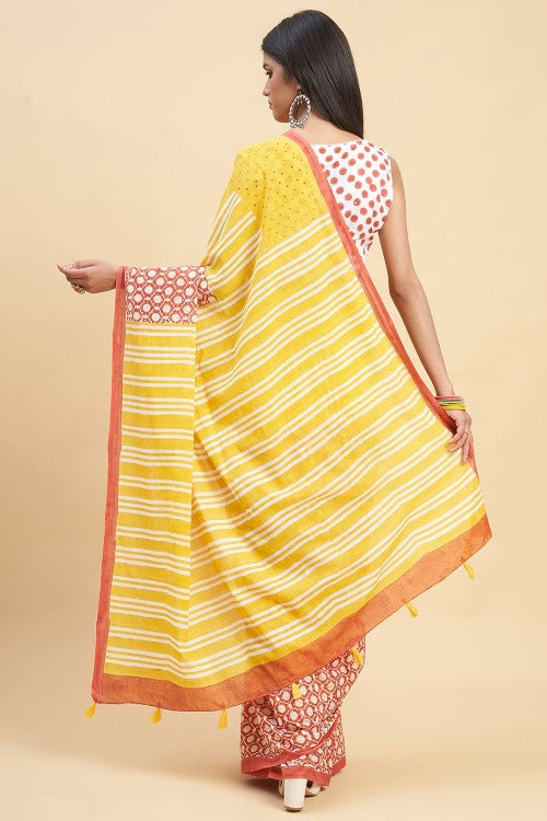 Sooti Syahi "Paradise Yellow" Handblock Print Mul Cotton Saree
