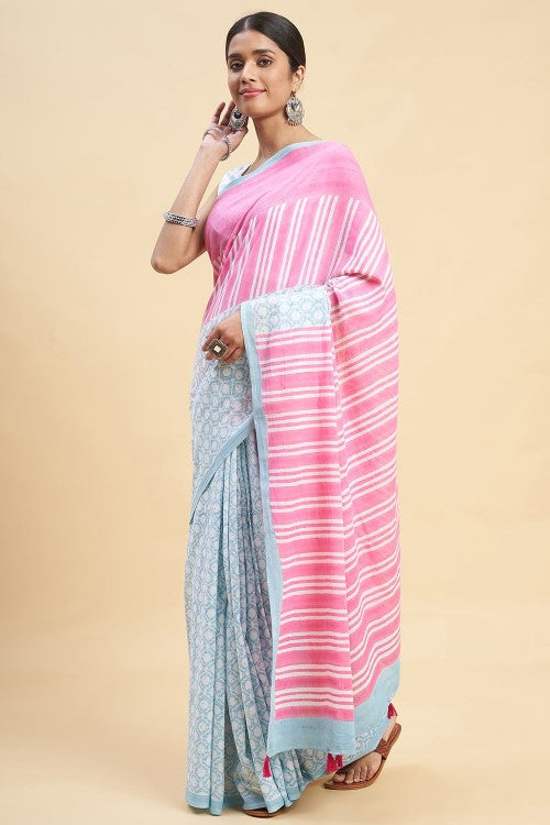 Sooti Syahi Paradise Pink Block Print Cotton Saree Online