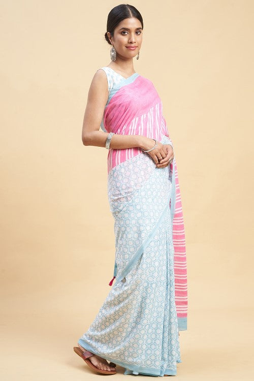 Sooti Syahi "Paradise Pink" Handblock Print Mul Cotton Saree