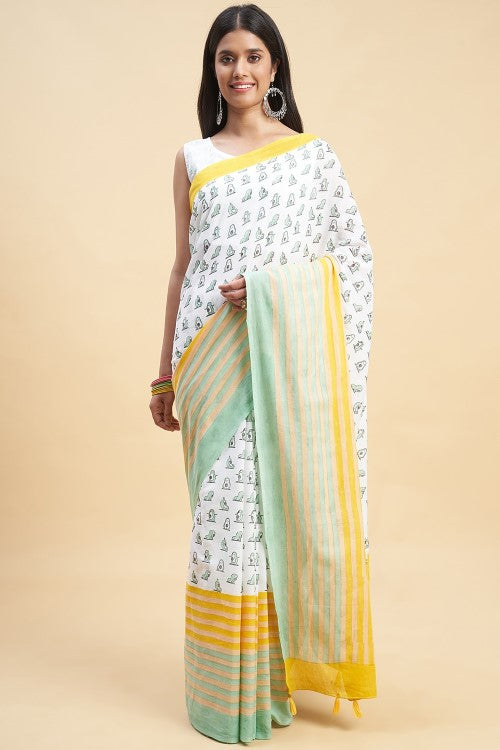 Sooti Syahi Little Green Penguins Print Cotton Saree Online