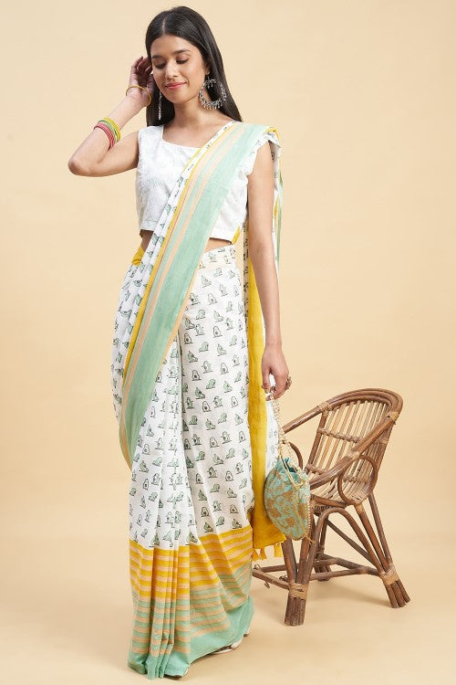 Sooti Syahi "Little Green Penguins"Handblock Print Mul Cotton Saree