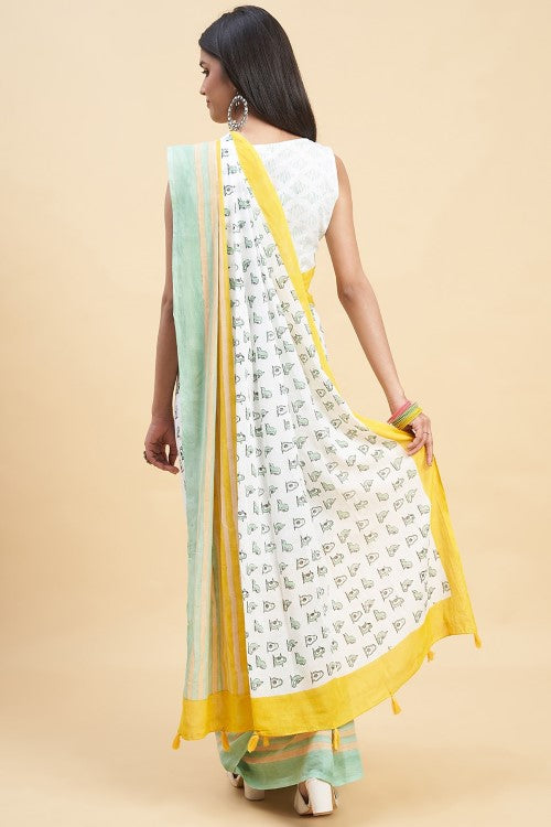 Sooti Syahi "Little Green Penguins"Handblock Print Mul Cotton Saree