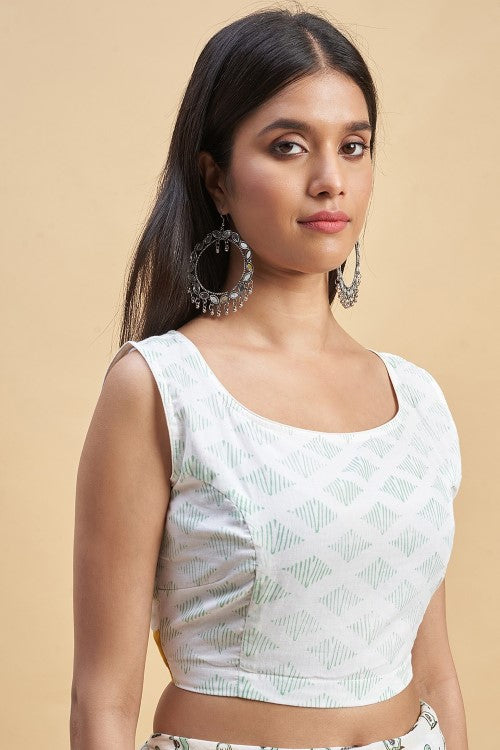 Sooti Syahi "Little Green Penguins"Handblock Print Mul Cotton Saree