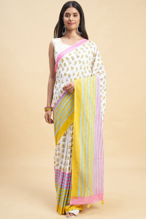 Sooti Syahi "Little Yellow Penguins" Handblock Print Mul Cotton Saree