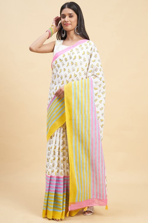 Sooti Syahi "Little Yellow Penguins" Handblock Print Mul Cotton Saree