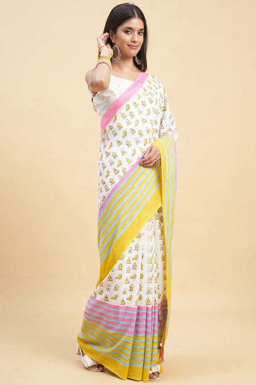 Sooti Syahi "Little Yellow Penguins" Handblock Print Mul Cotton Saree