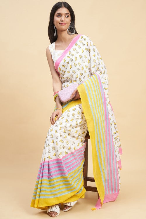 Sooti Syahi "Little Yellow Penguins" Handblock Print Mul Cotton Saree