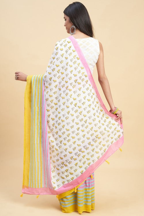 Sooti Syahi "Little Yellow Penguins" Handblock Print Mul Cotton Saree