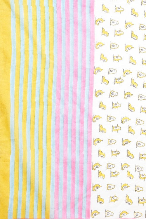 Sooti Syahi "Little Yellow Penguins" Handblock Print Mul Cotton Saree