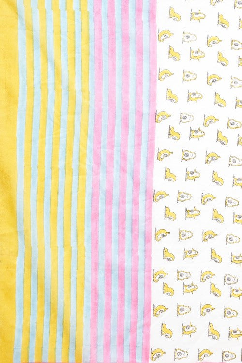 Sooti Syahi "Little Yellow Penguins" Handblock Print Mul Cotton Saree