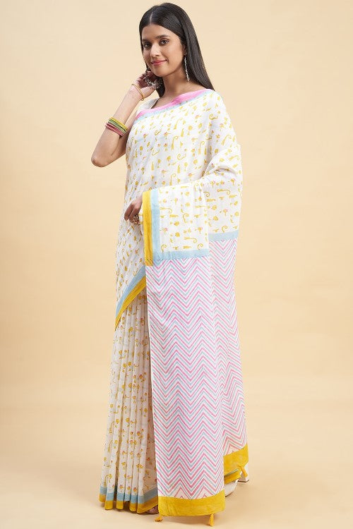 Sooti Syahi "Kittens Yellow" Handblock Print Mul Cotton Saree