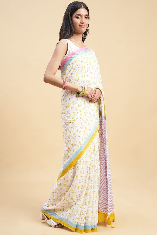 Sooti Syahi "Kittens Yellow" Handblock Print Mul Cotton Saree