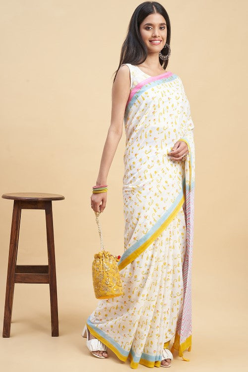 Sooti Syahi "Kittens Yellow" Handblock Print Mul Cotton Saree