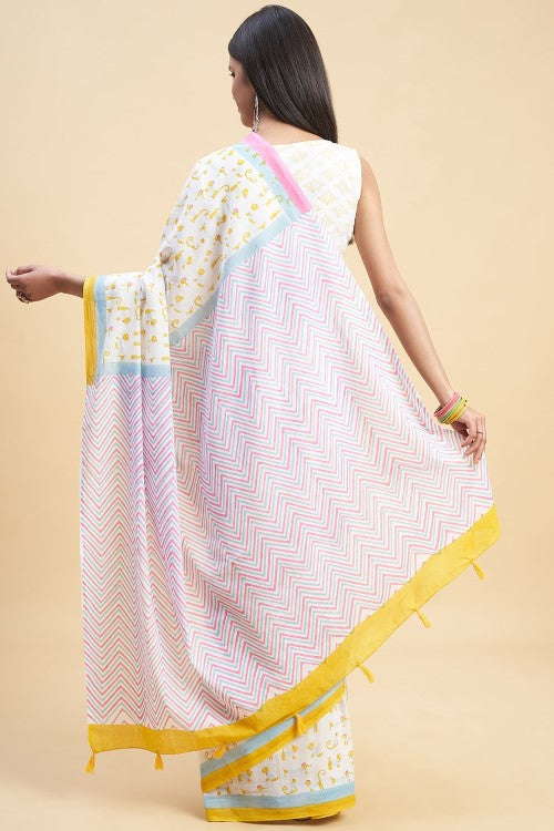 Sooti Syahi "Kittens Yellow" Handblock Print Mul Cotton Saree