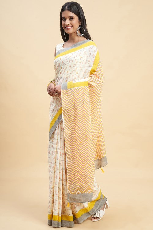 Sooti Syahi "Orange Kittens" Handblock Print Mul Cotton Saree