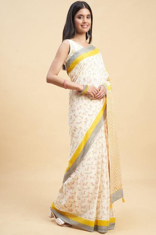 Sooti Syahi "Orange Kittens" Handblock Print Mul Cotton Saree
