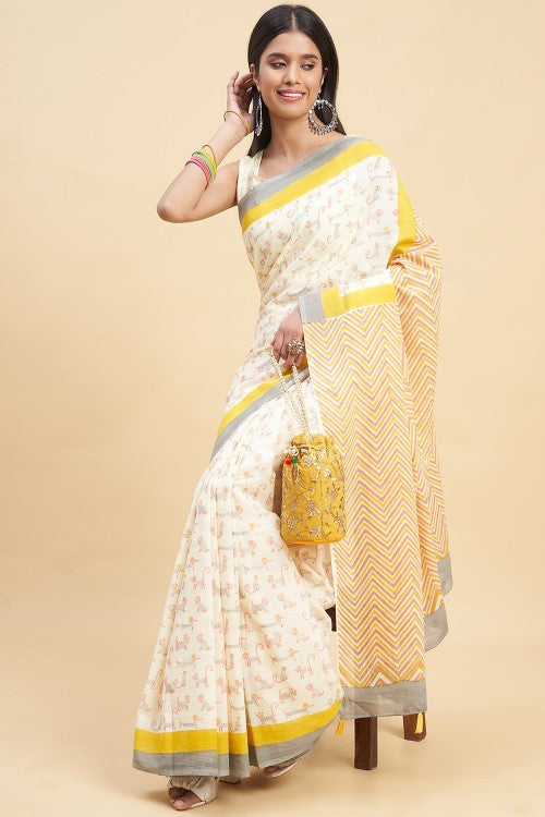 Sooti Syahi Orange Kittens Block Print Cotton Saree Online