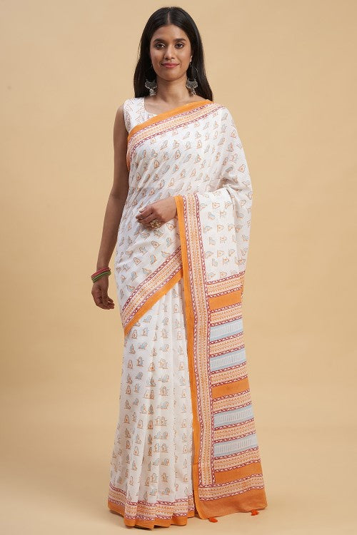 Sooti Syahi Orange Penguins Block Print Cotton Saree Online