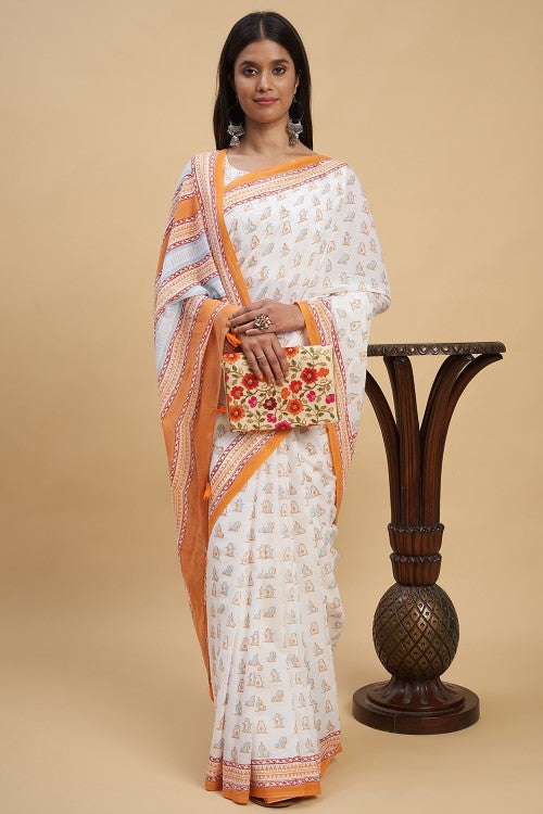 Sooti Syahi "Orange Penguins" Handblock Print Mul Cotton Saree
