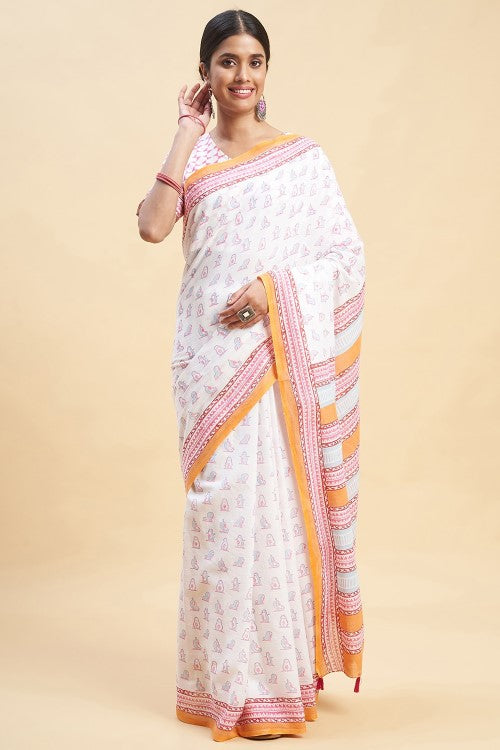 Sooti Syahi Pink Penguins Print Cotton Saree Online