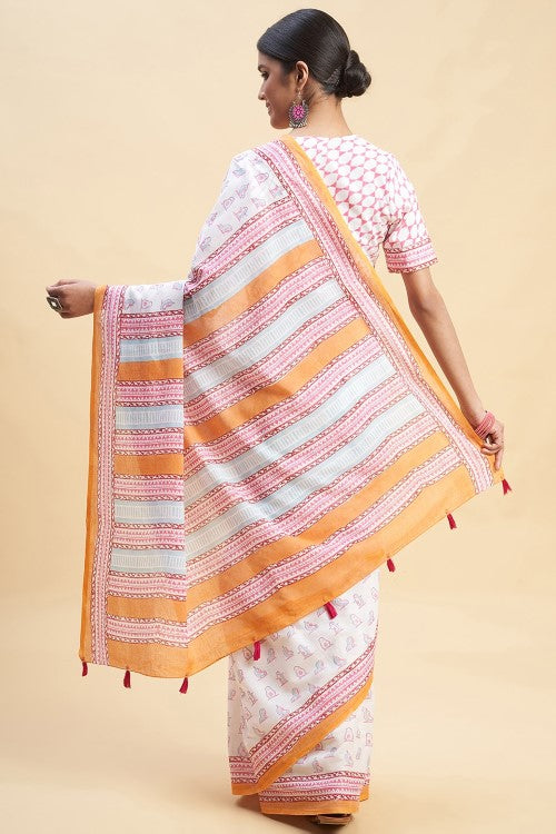 Sooti Syahi "Pink Penguins'' Block Printed Cotton Saree