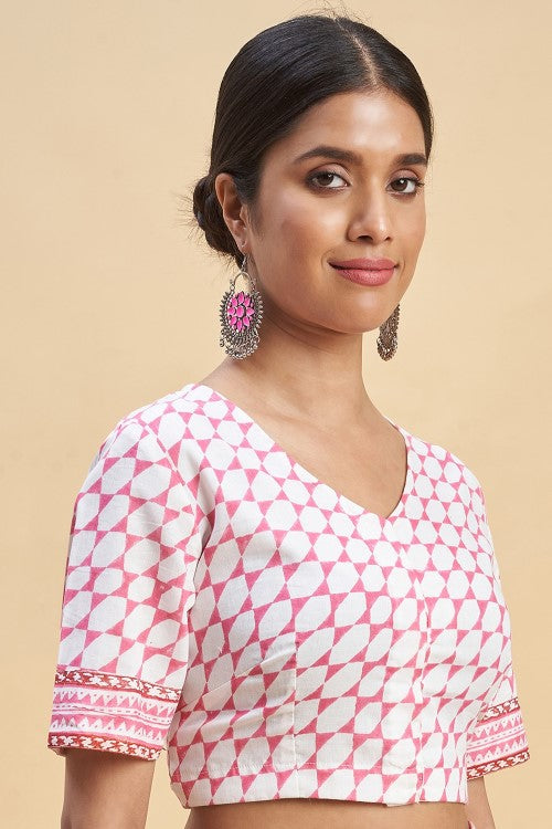 Sooti Syahi "Pink Penguins'' Block Printed Cotton Saree