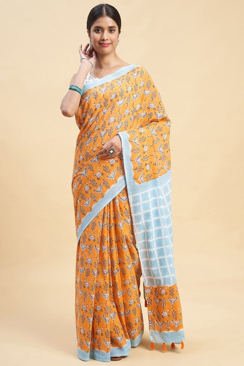 Sooti Syahi Crab In Orange Block Print Cotton Saree Online