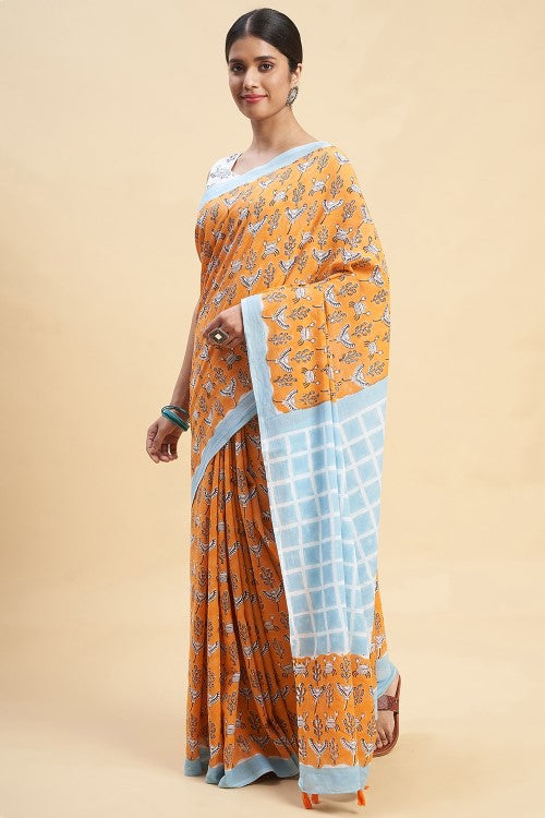 Sooti Syahi "Crab In Orange" Handblock Print Mul Cotton Saree