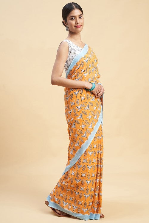 Sooti Syahi "Crab In Orange" Handblock Print Mul Cotton Saree